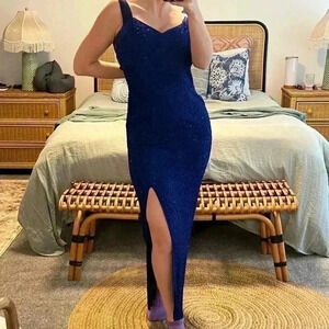 VINTAGE 100% SILK BLUE FORMAL DRESS XS